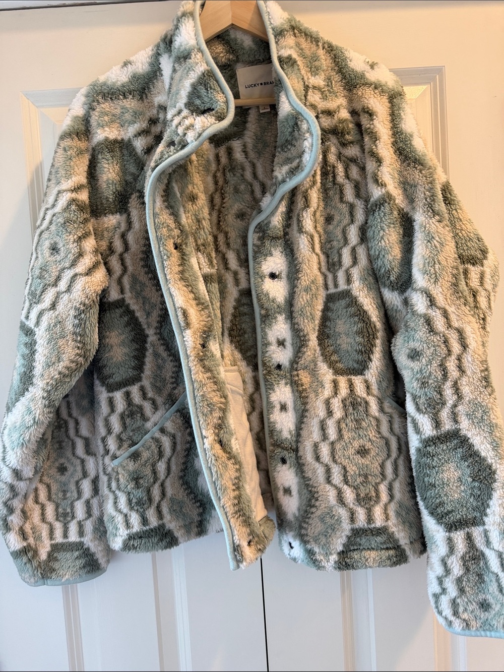 Lucky Brand Cream & Sage Green Faux Fur Teddy Jacket